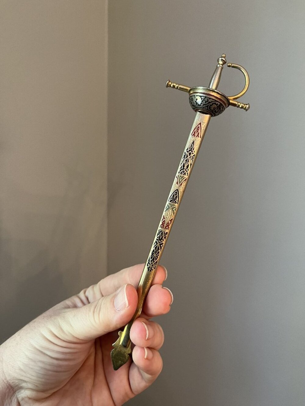 Vintage Toledo Spanish Rapier Sword Damascene Letter Opener With Sheath 8” Spain